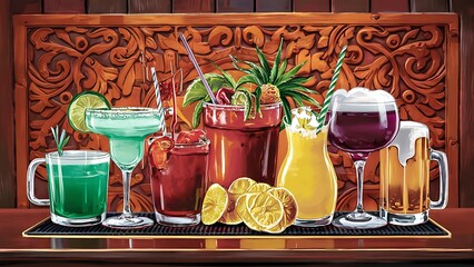 Different colorful alcohol drinks set in bar on wooden background