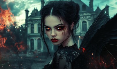 Fototapeta premium Dark-haired woman, fiery eyes, black wings, burning mansion.