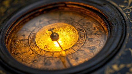 Close-up of an antique astrolabe's illuminated dial, showing celestial details and intricate craftsmanship.