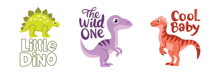 Obraz premium Set dino with text lettering. Little dino, the wild one, cool baby. Hand drawn vector art.