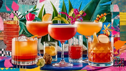 Set of alcoholic cocktails a collage background
