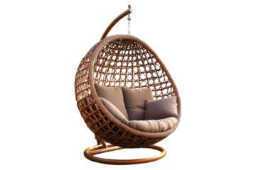 Hanging rattan chair indoor space furniture cozy ambiance stylish view relaxation concept