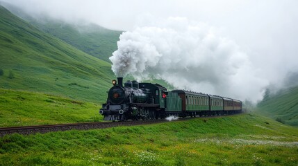 A vintage steam train travels through lush green hills, billowing smoke as it journeys along a scenic railway in a misty landscape.