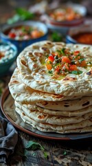 Delicious Mexican Tacos with Fresh Homemade Salsa and Tortillas on a Rustic Wooden Table  Traditional Mexican cuisine close up shot of a tasty and healthy appetizer or snack with spices vegetables