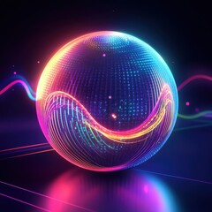 A vibrant, glowing sphere with swirling neon colors dominates the dark background, conveying a sense of energy and movement.