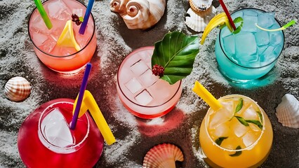 Close up view of glasses of refreshing cocktails on sand with seashells on grey bakgorund
