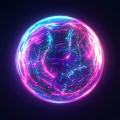 A vibrant, glowing sphere emitting a mesmerizing blend of blue and pink light in a dark setting.