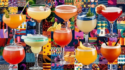 Set of alcoholic cocktails a collage background