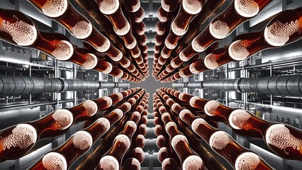 Selective focus of beer bottles with bubbles, panoramic shot