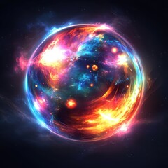 Obraz premium A vibrant cosmic sphere radiates fiery colors and swirling galaxies, creating a spectacular vision of the universe.