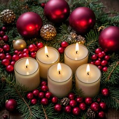 Festive Candle Arrangement. Candles surrounded by pine branches, cranberries, and glittering ornaments