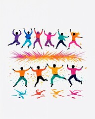 Abstract multi-colored silhouettes of jumping people with splashes of different colors. 