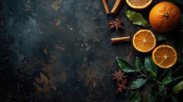 background with cinnamon, orange, bergamot and santal wood, dark background, cozy autumny atmosphere