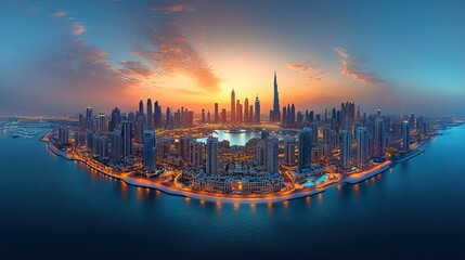 Fototapeta premium dubai skyline at night little planet effect panoramic aerial top view to downtown city center landmark