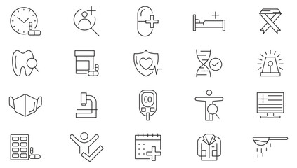 Pharmacy line icon set. Science, DNA, molecules, emergency, doctor, treatment, medical, report, diagnosis, health, prevention, stethoscope, line icon set. UI thin line icon pack.