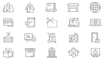 Delivery line icon set. Testimonials, shipping, shopping cart, delivery, boxes, cargo, crumpled box, E-commerce, store, product, purchase line icon set. UI thin line icon pack.