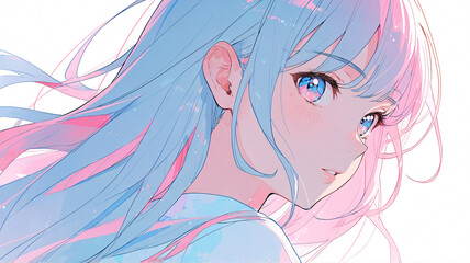 An anime-style girl with flowing pastel blue and pink hair, radiant blue eyes, and a serene expression