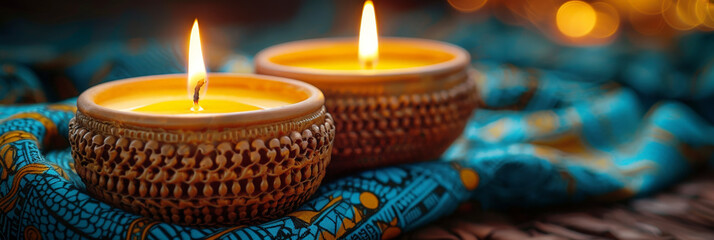 A pair of intricately designed candles on vibrant ethnic fabric, illuminating a cozy setting.