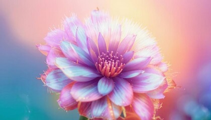 Holographic flower with petals in pastel colors. Flowers with overflows on a delicate background. Glowing flora with dreamy color transitions. AI generated.