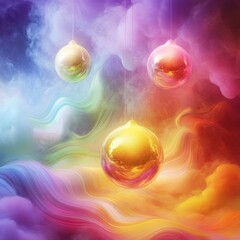 Vibrant and ethereal, colorful orbs float amidst swirling cosmic clouds in a dreamy atmosphere.
