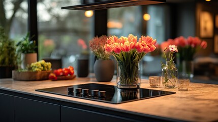 elegant contemporary loft kitchen featuring a black glass induction hob with built in hood or an aspirating induction hob on marble light stoneware countertop panels and a flower vas