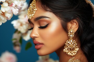 Fototapeta premium Profile of a woman wearing a traditional maang tikka, with soft gold accents on a deep blue background