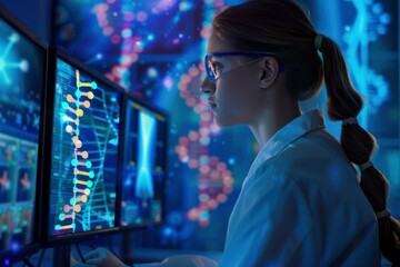 Fototapeta premium Medicine and biotechnology. Girl doctor, laboratory assistant in glasses against the background of virtual glowing projection of human DNA molecules. Abstract DNA chromosome, genetics
