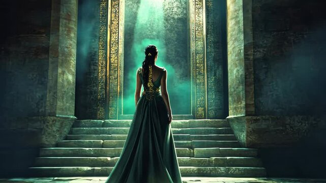 Esther, the courageous queen, standing before King Xerxes to reveal her identity and save her people. A symbol of bravery and destiny. Copy space for courage and faith.