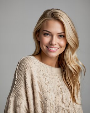 Uśmiechnięta blondynka ubrana w beżowy sweter z odkrytymi ramionami i niebieskie dżinsy. Portret studyjny na jasnoszarym tle. Koncepcja swobodnej mody i urody