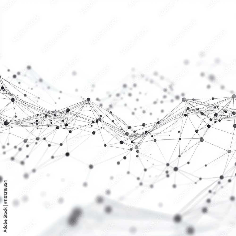 Poster abstract black and white digital background with connected dots and lines, creating a sense of depth