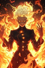 Fototapeta premium Fiery woman, dark dress, glowing eyes, intense expression.