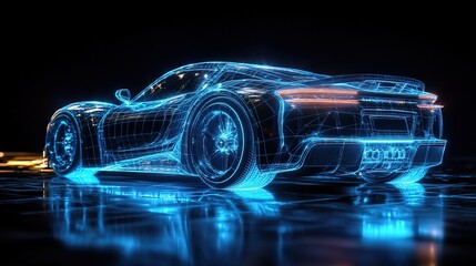 Naklejka premium Wireframe hologram of an electric sports car, glowing with blue light
