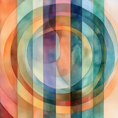 Obraz premium A vibrant abstract watercolor composition featuring overlapping circles and stripes in a harmonious blend of colors.