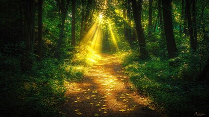 Obraz premium Sunlit Forest Path with Golden Leaves and Lush Greenery Creating a Serene and Tranquil Atmosphere in a Dense Woodland Setting