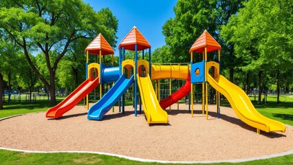 Colorful playground with slides and towers in a sunny park