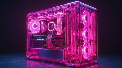Transparent pink PC case with visible components and neon lighting.