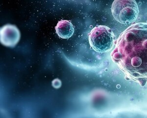 Naklejka premium Cellular Disease: Cancer Cells Under Microscope - Medical Research and Diagnosis Concept.