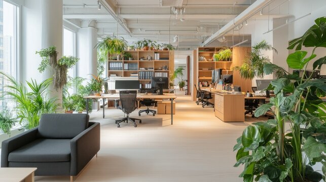 Minimalist office with modern desk and minimalist furniture. Elegant arrangement of plants displayed on open shelves background wallpaper AI generated image