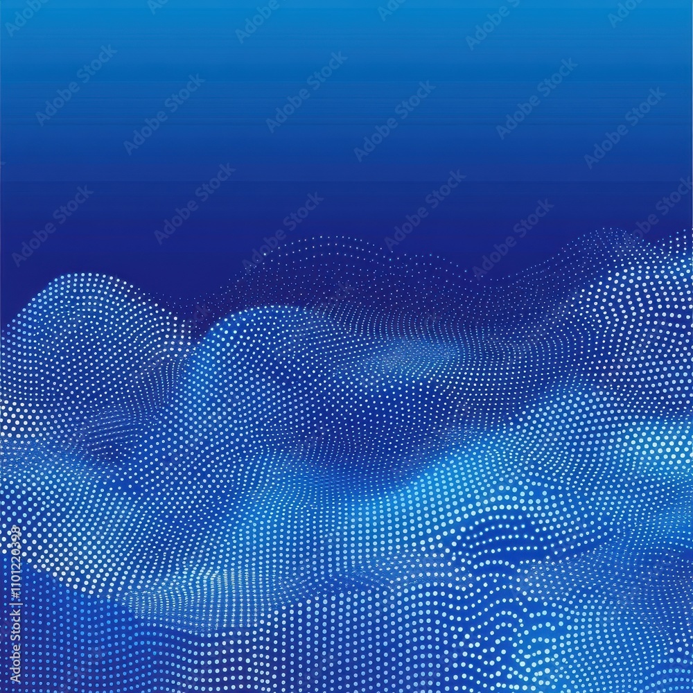Poster abstract blue digital wave pattern with dotted texture, creating a sense of depth and movement.