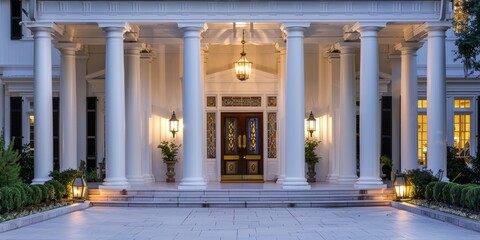 Naklejka premium Elegant neoclassical villa with tall white pillars, grand double doors, and a semicircular driveway lined with lanterns. 