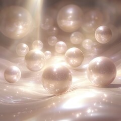 Fototapeta premium Soft, luminescent pearls floating gracefully in a silky, abstract background, creating a serene and dreamy atmosphere.