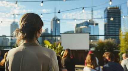 Fototapeta premium A business professional giving a presentation on a rooftop terrace, with a city skyline in the background, The scene is bathed in natural light