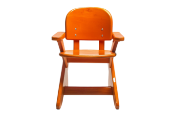 Child's high chair in bright orange indoor dining room wooden furniture design modern aesthetic