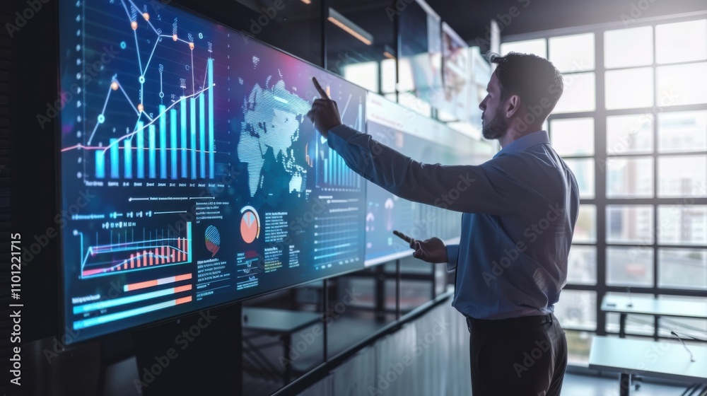 Wall mural a business professional giving a presentation using a large digital screen, displaying interactive g