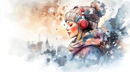 Vibrant Winter Portrait: Woman in Red and Turquoise with Snowy Background – Perfect for Sports Interior Posters & Seasonal Decor!