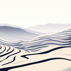 Abstract landscape of rolling hills in soft pastel tones, featuring flowing lines and a serene, minimalist aesthetic.