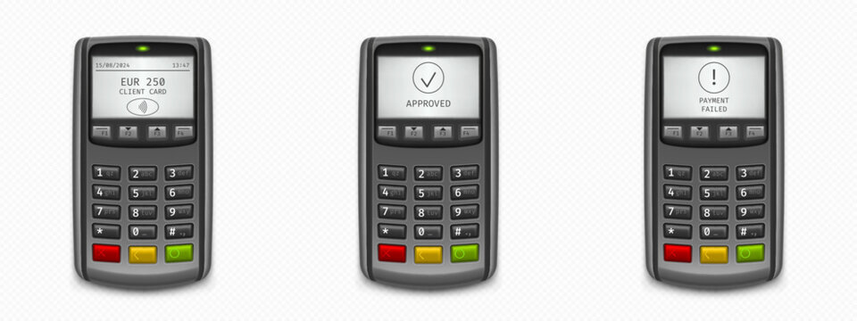 Credit card payment pos terminal. 3d device for contactless pay isolated concept with invoice, approved, reject transaction on screen. Cashless reader system for customer in shop illustration