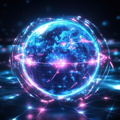 Obraz premium A vibrant, glowing digital globe surrounded by radiant lines and particles, symbolizing connectivity and technology.