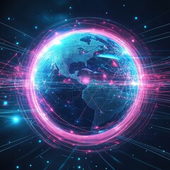 Obraz premium A vibrant digital globe illuminated with neon blue and pink hues, surrounded by dynamic light streaks, symbolizing connectivity.