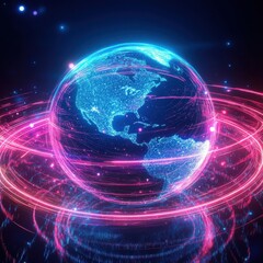 Obraz premium A vibrant digital globe depicting North and South America, surrounded by neon blue and pink trails of light.